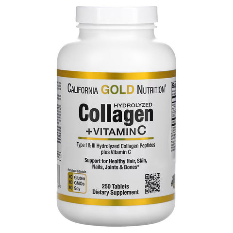 CGN Hydrolyzed Collagen Peptides + Vitamin C, Type I & III, 250 Tablets
